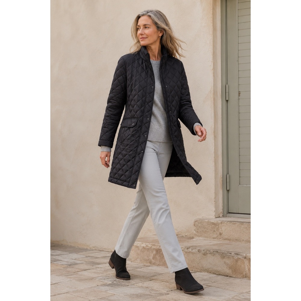 J. Jill Women's Black Quilted Down Puffer Coat Diamond Stitch Long Jacket- M